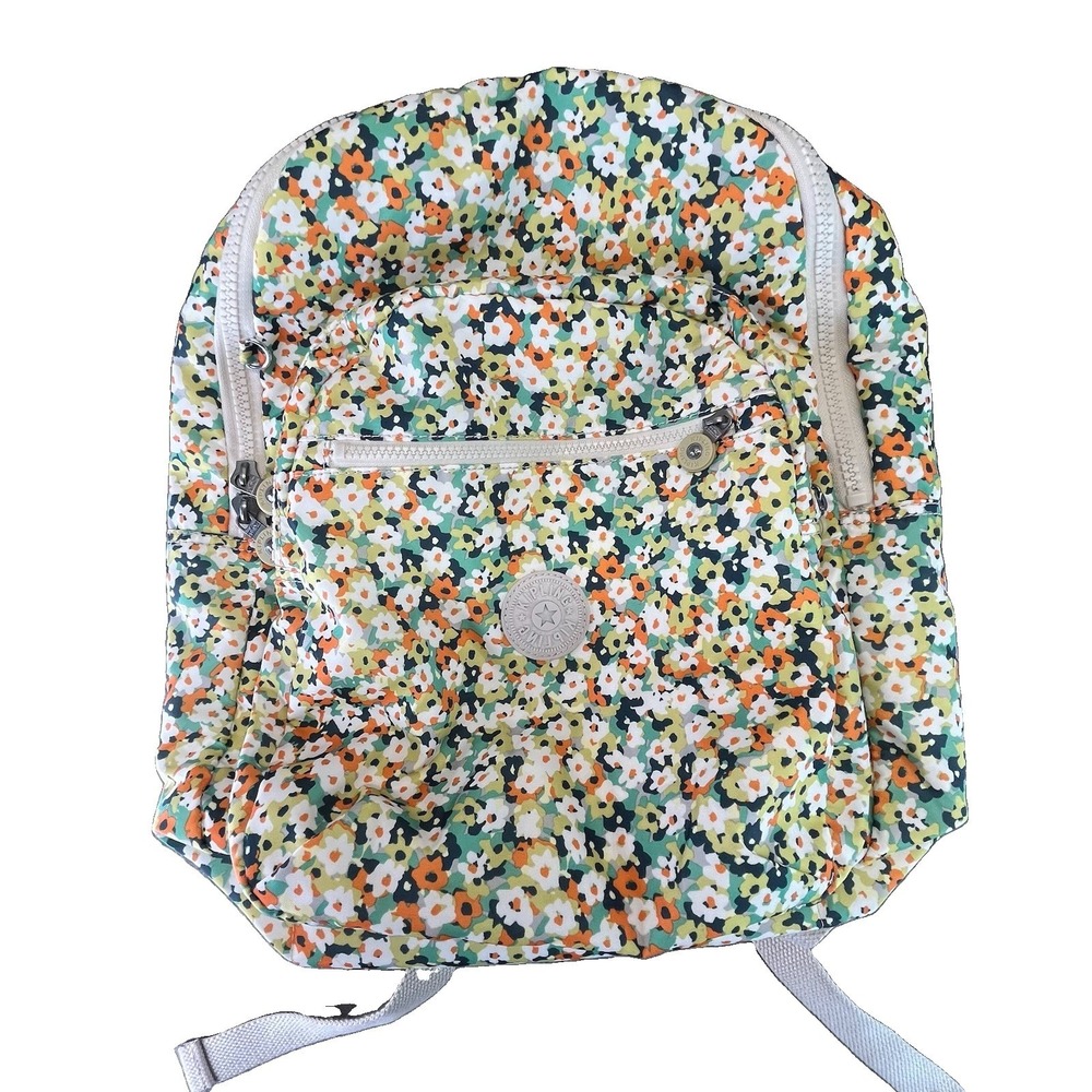 Kipling Laptop Computer Backpack, Fresh Floral Beige Green Orange Commuter Bag